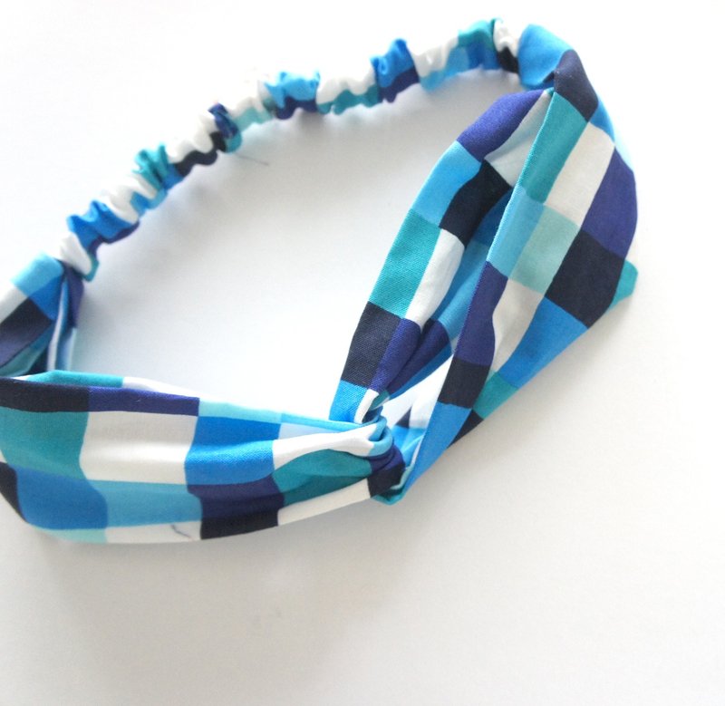 YInke "You cutest" Great hair band - sea blue plaid - เครื่องประดับผม - ผ้าฝ้าย/ผ้าลินิน สีน้ำเงิน