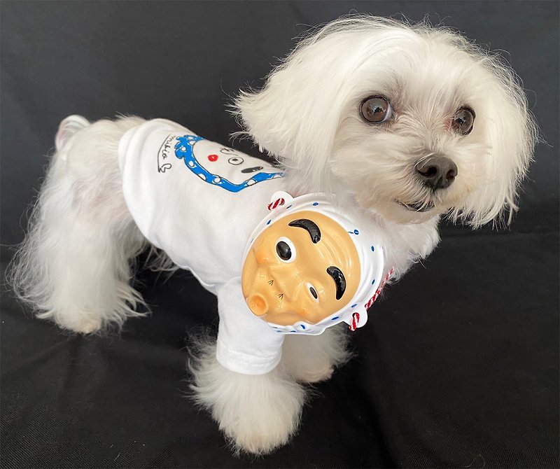 Hyottoko mask for pets Hyottoko Dog's T-shirt Happy Combo - ชุดสัตว์เลี้ยง - ผ้าฝ้าย/ผ้าลินิน ขาว