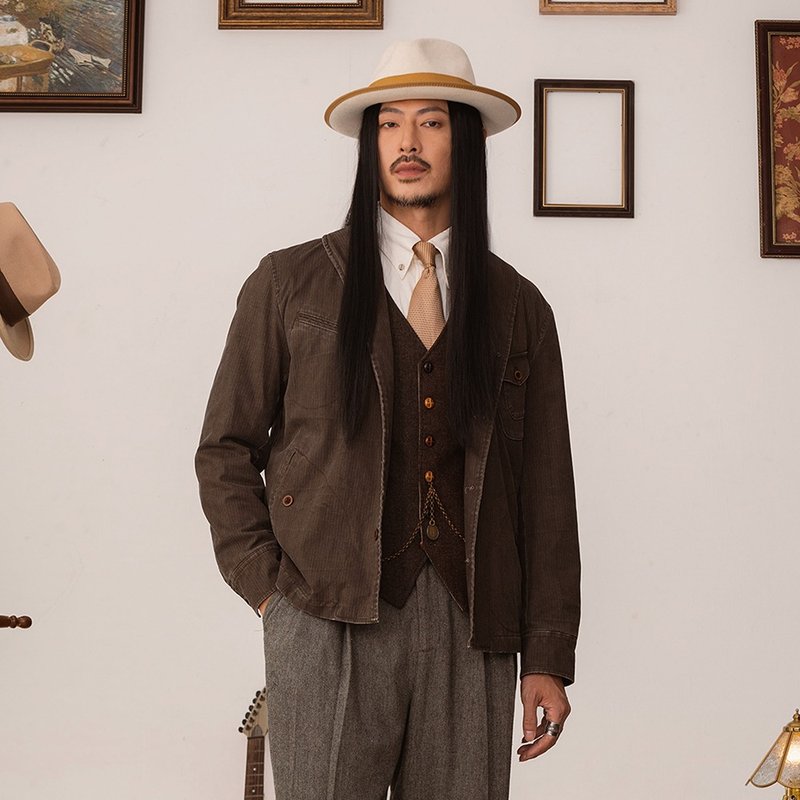 SOARIN美式復古青果領工裝外套(2423TJ67) - 男夾克/外套 - 棉．麻 灰色