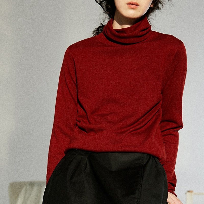 Red high collar slim pile collar collar blouse Merino wool slim sweater sweater skin naked - Women's Sweaters - Wool Red