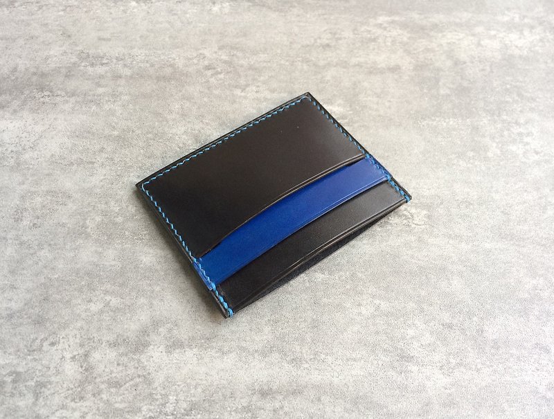 Simple leather card holder / ticket holder / light card holder black and blue free customization - ID & Badge Holders - Genuine Leather Black