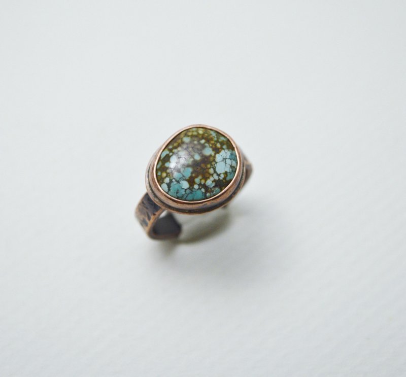 Simple Series-Turquoise‧Oxidized forged Copper Open Ring‧no 4 - แหวนทั่วไป - ทองแดงทองเหลือง หลากหลายสี