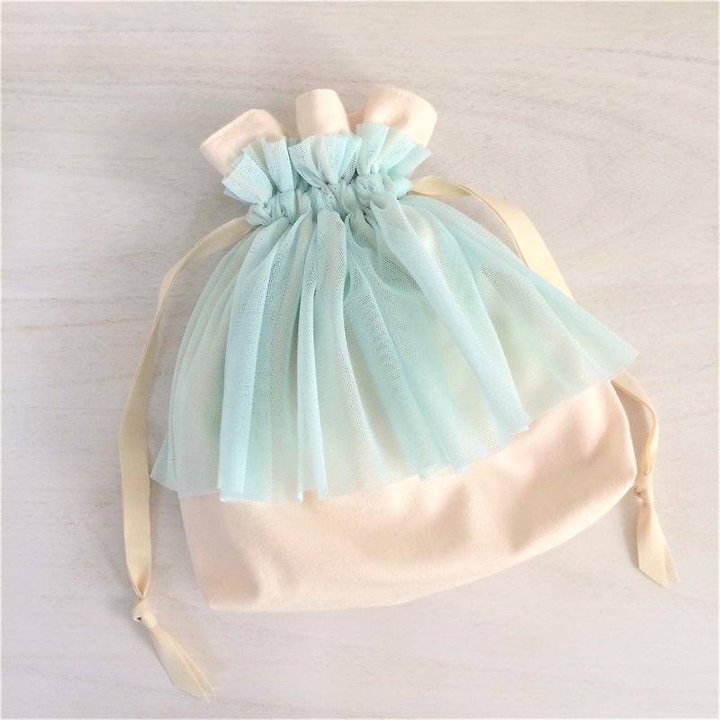 Soft tulle gather furrill Drawstring off × light blue - Toiletry Bags & Pouches - Cotton & Hemp Blue