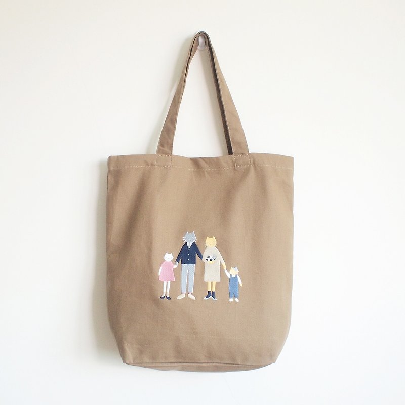 cat family tote bag : khaki - 側背包/斜背包 - 棉．麻 卡其色