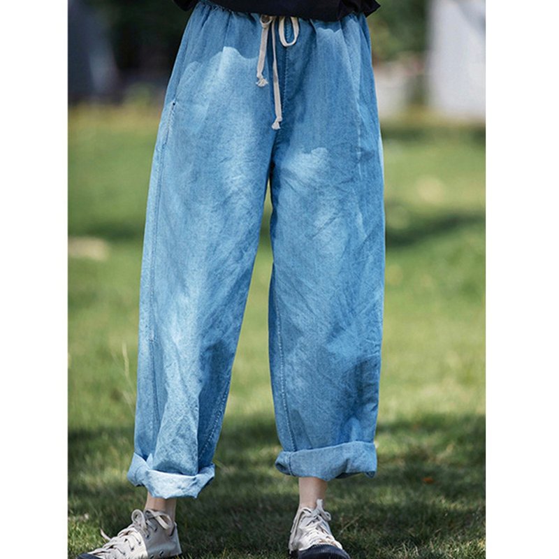 Summer light denim blue hemp Linen skinny elastic waist comfortable loose straight-leg pants - กางเกงขายาว - ผ้าฝ้าย/ผ้าลินิน 