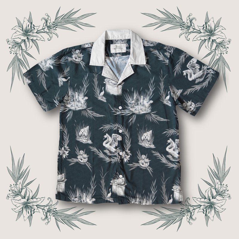 The Ugly Duckling Bowling Shirt Toile Teal - เสื้อฮู้ด - ผ้าฝ้าย/ผ้าลินิน สีเขียว