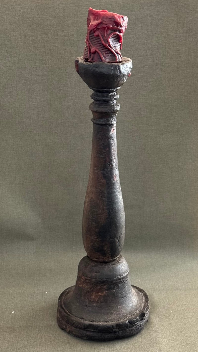 40550-French antique church wooden candlestick with the original candle - เทียน/เชิงเทียน - ไม้ 