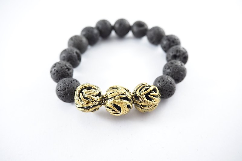 3 Horn bead 12mm.Lava stone bracelet in  brass ,men jewelry  - 手鍊/手環 - 其他金屬 銀色
