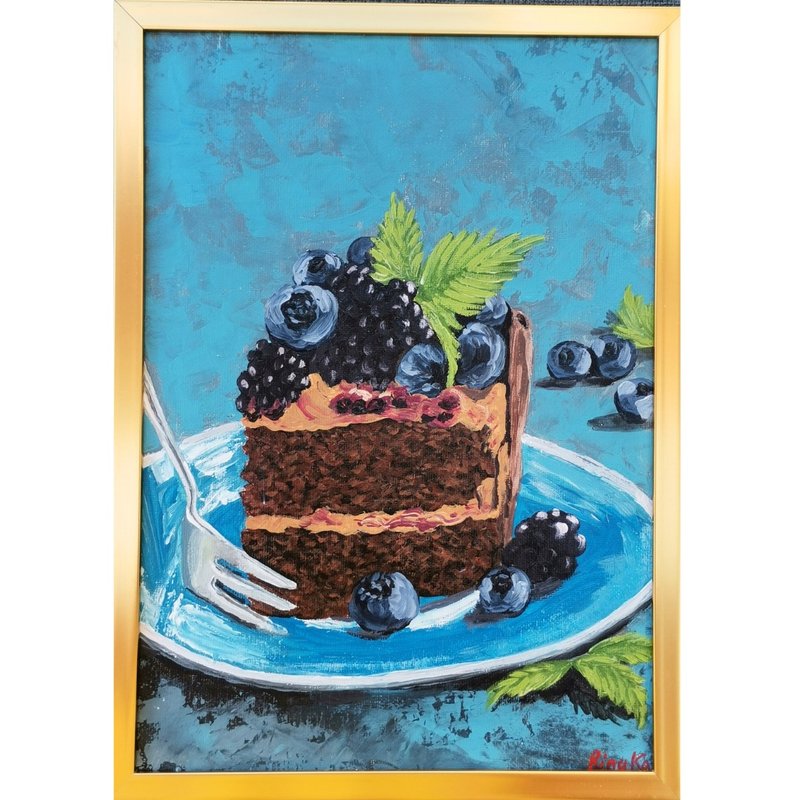 Chocolate Cake Original Framed Wall Art Kitchen Still Life Painting By RinaArtSK - Wall Décor - Other Materials Multicolor