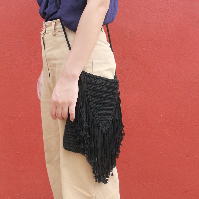 Crossbody Bag ,Black Crochet Bag ,Crochet Bag Boho Bag ,Shoulder Bag - กระเป๋าแมสเซนเจอร์ - ผ้าฝ้าย/ผ้าลินิน สีดำ