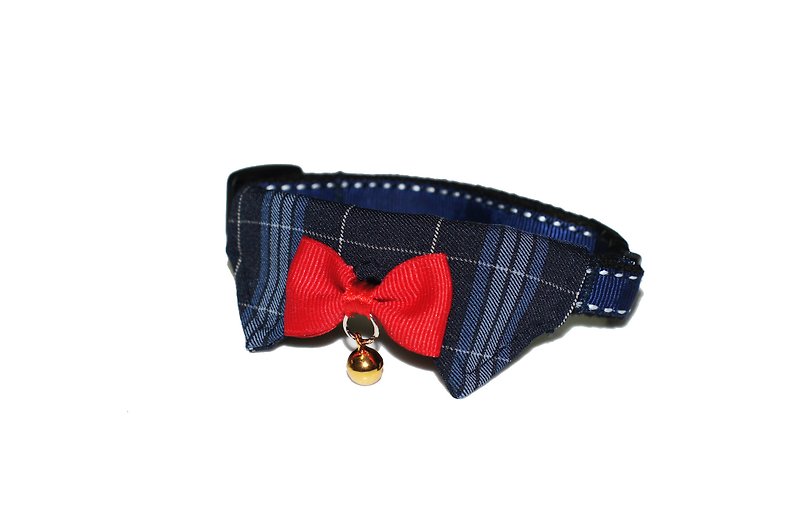 Dog collar Collar emblem Blue Plaid S~M - ปลอกคอ - ผ้าฝ้าย/ผ้าลินิน 