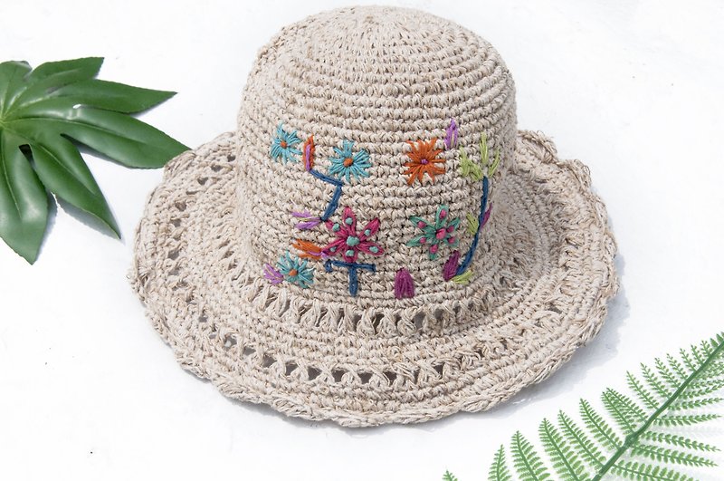 綿、リネンの帽子ニットキャップ帽子ハット麦わらハット麦わら帽子-レインボー手刺繍の花の森 - 帽子 - コットン・麻 多色