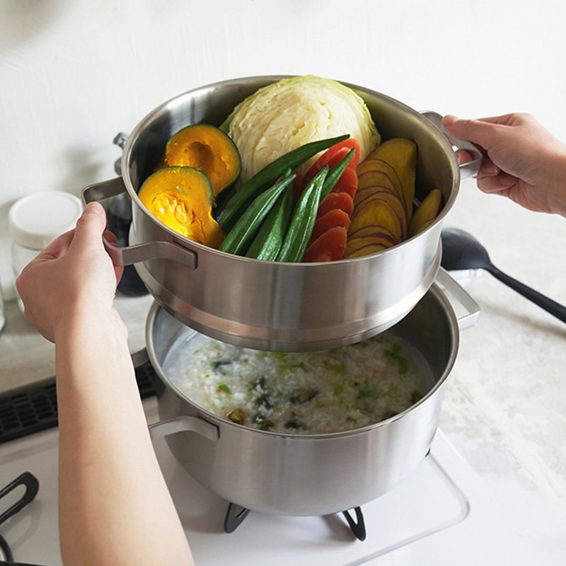 日本霜山 蒸煮兩用不鏽鋼雙耳單層蒸鍋+湯鍋-24cm - 廚具 - 其他材質 銀色