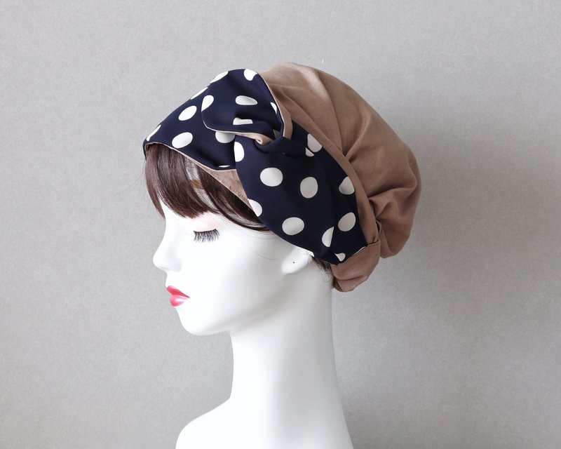 Retro polka dot sash ribbon and French beige hair turban Medical hat/Care hat Care cap - เครื่องประดับผม - ผ้าฝ้าย/ผ้าลินิน สีดำ