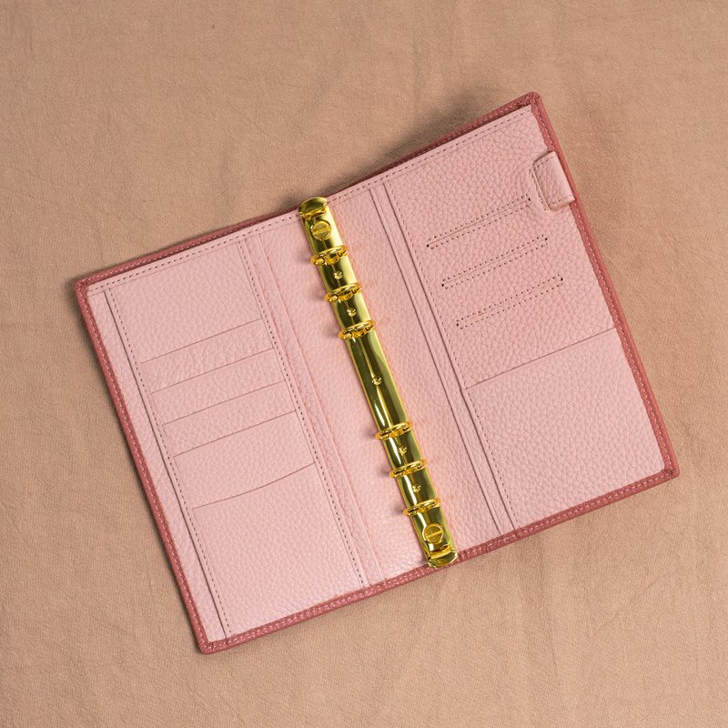 A6 Slim 6 Hole Leather Binder Pocket|Notebook|Universal Handbook-Pink Feifei (Without Buckle) - Notebooks & Journals - Genuine Leather Pink