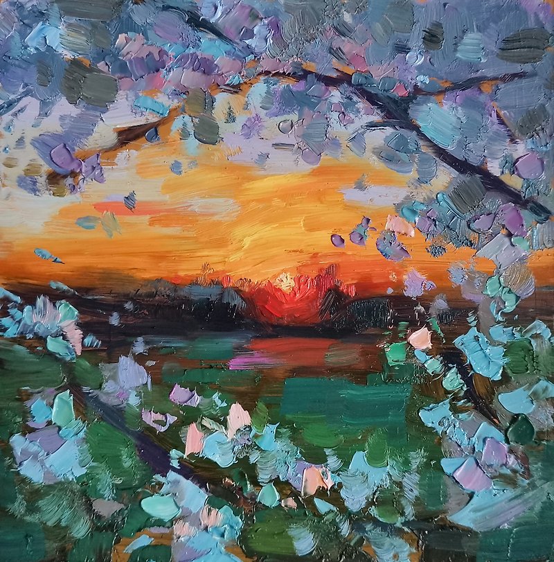 Cherry Tree Painting Sunset Original Art Oil Painting Chinese Landscape - โปสเตอร์ - วัสดุอื่นๆ หลากหลายสี