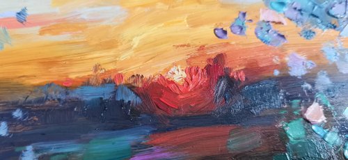 桜の木の絵 夕日 オリジナルアート 油絵 中国の風景 - ショップ