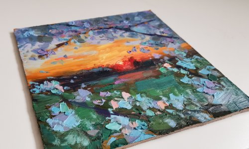 【50％OFF】 桜の木の絵 夕日 オリジナルアート 油絵 中国の風景 - ショップ 額縁