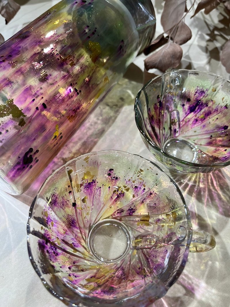 purple jade golden tea set glass flower tea cup cold kettle glass double cup pair of cups herbal tea set - Teapots & Teacups - Glass Transparent