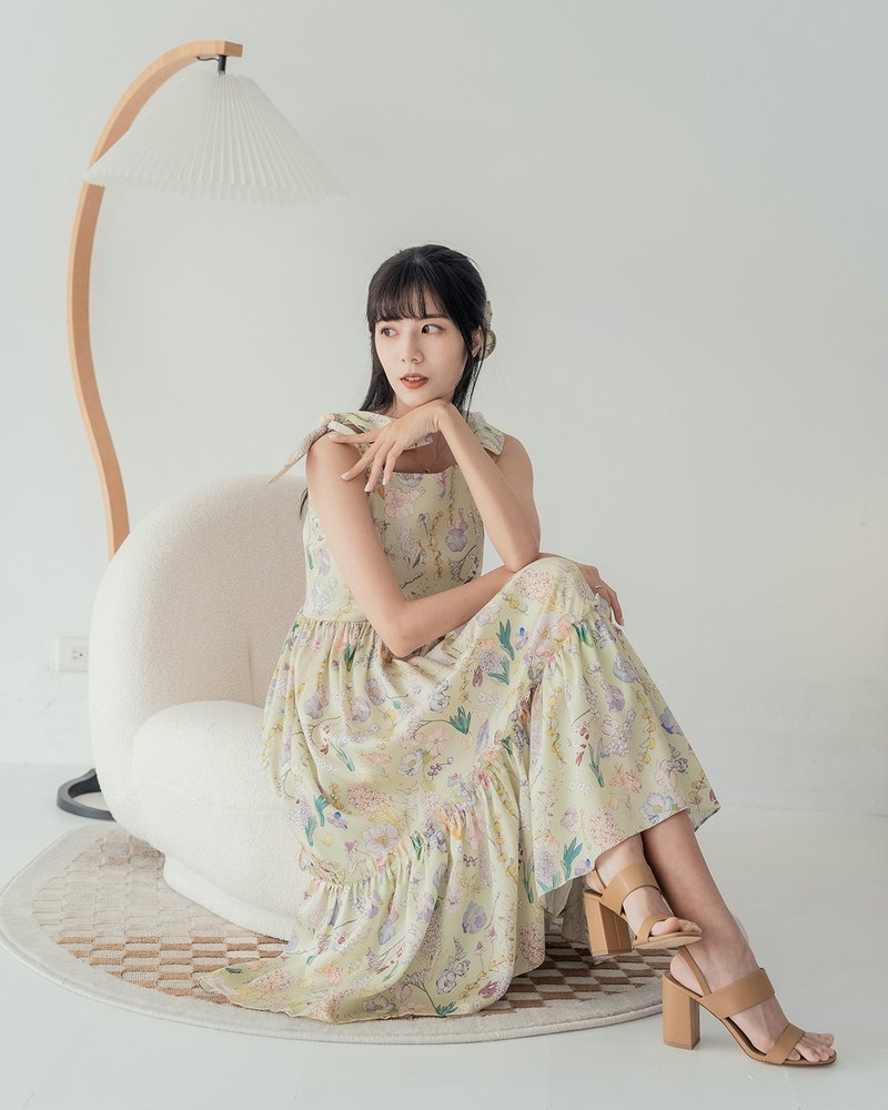 【波麗印花】小兔耳綁帶 澎澎蛋糕長洋裝 長裙 倫敦夏綠蒂 親子裝 - 洋裝/連身裙 - 棉．麻 綠色
