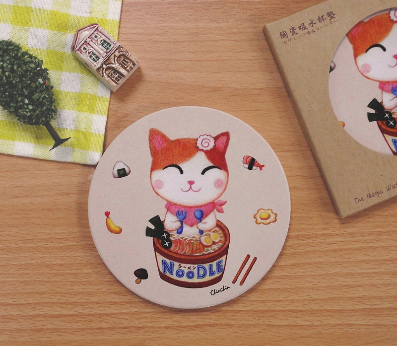 ChinChin Hand-painted Cat Ceramic Water-absorbing Coaster-Japanese Ramen - Coasters - Other Materials Brown