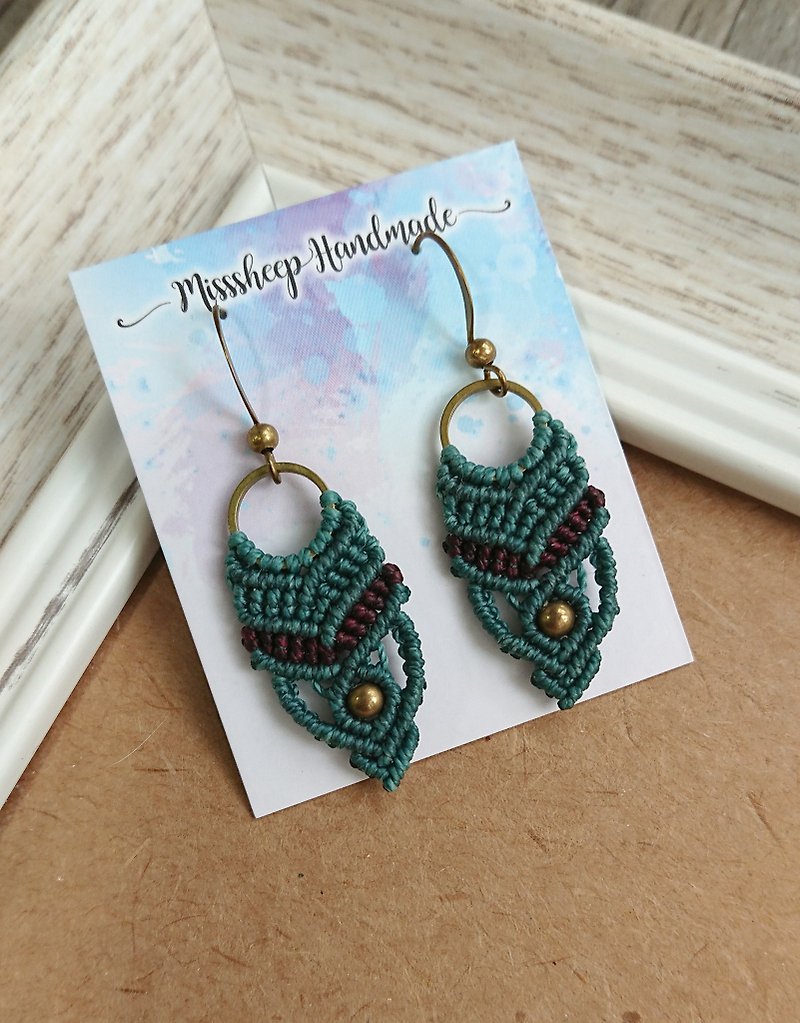 Misssheep - A07B - macrame earrings with brass beads - Earrings & Clip-ons - Other Materials Green
