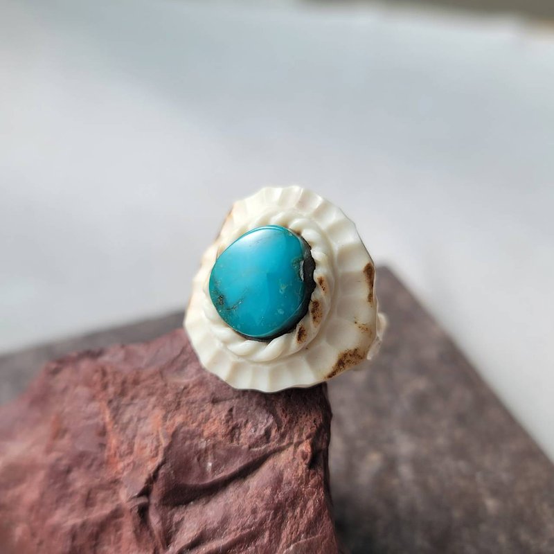 鹿角金曼綠松石戒指約尺寸 15 - 戒指 - 寶石 藍色