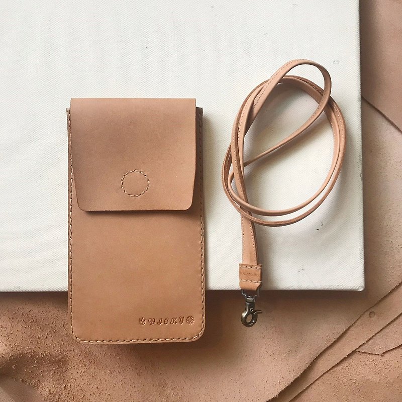 Phone sets _ _ flap single card attachment layer neckband _iPhone8Plus_ pale Brown original leather ride - Phone Cases - Genuine Leather Orange