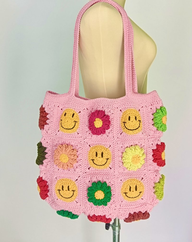 Washed Rope Crochet Bag, Granny Square Flowers Design - 手提包/手提袋 - 棉．麻 