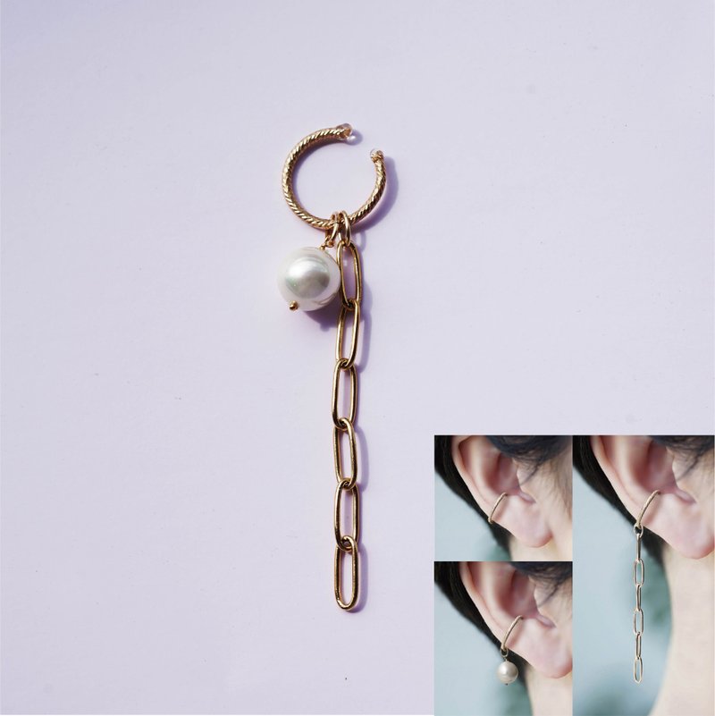 Single piece sold/4WAY, 14KGF thick ear cuff with shell pearl and surgical chain, Hitsuki - Earrings & Clip-ons - Gemstone White