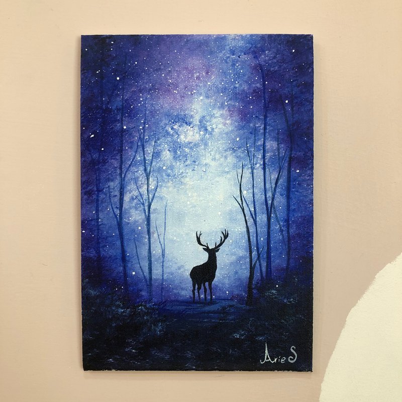 Starry deer Acrylic painting oil painting custom hand-painted frameless painting gift birthday gift Valentine's Day - โปสเตอร์ - ผ้าฝ้าย/ผ้าลินิน 