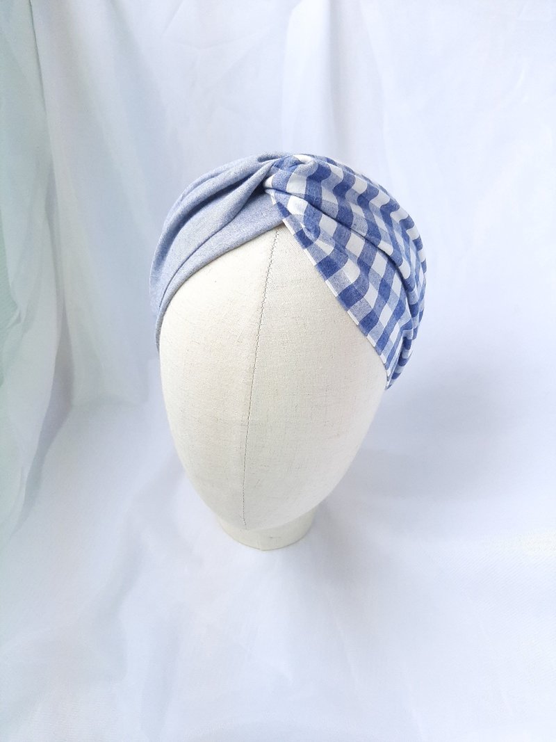 Grey and blue plaid mix and match headscarf-style wide headband - Headbands - Cotton & Hemp Blue