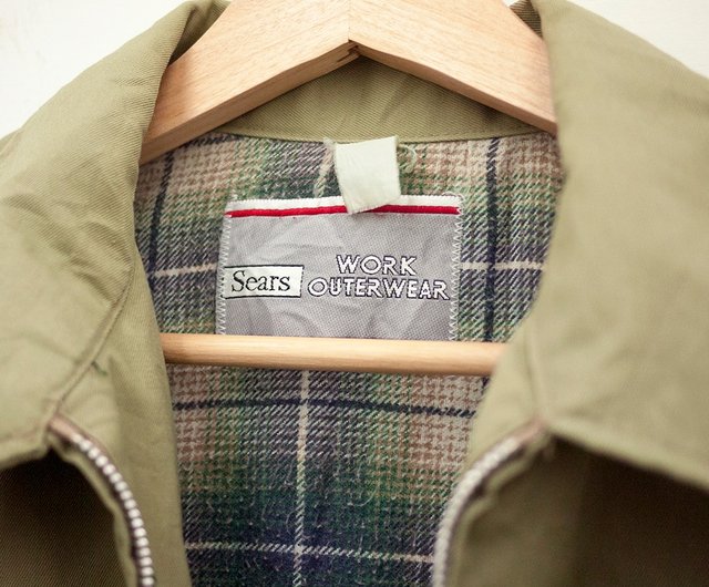 SEARS Khaki Green Work Jacket Linton Check Cotton YKK Vintage Used