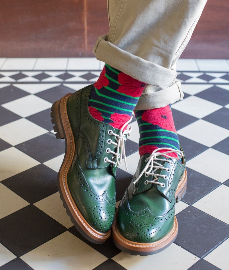 Poppies Fine Sock - Green/Red - Dress Socks - Cotton & Hemp Blue