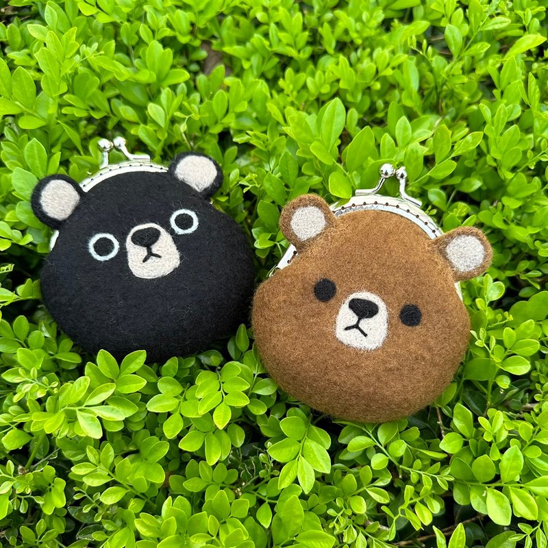 Taiwan Black Bear Brown Bear Wool Felt Kiss Lock Bag - กระเป๋าใส่เหรียญ - ขนแกะ สีดำ