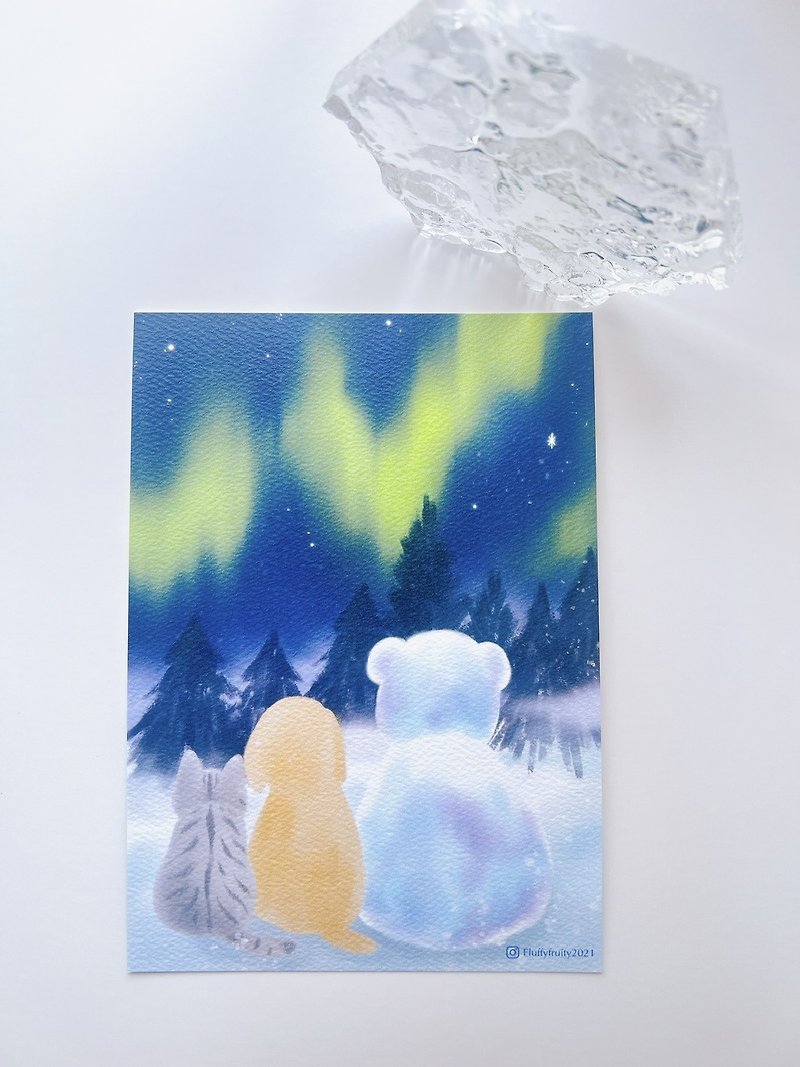 Christmas card cat pet cute neko dog inu aurora northern lights pastel dreamy - Cards & Postcards - Paper Multicolor