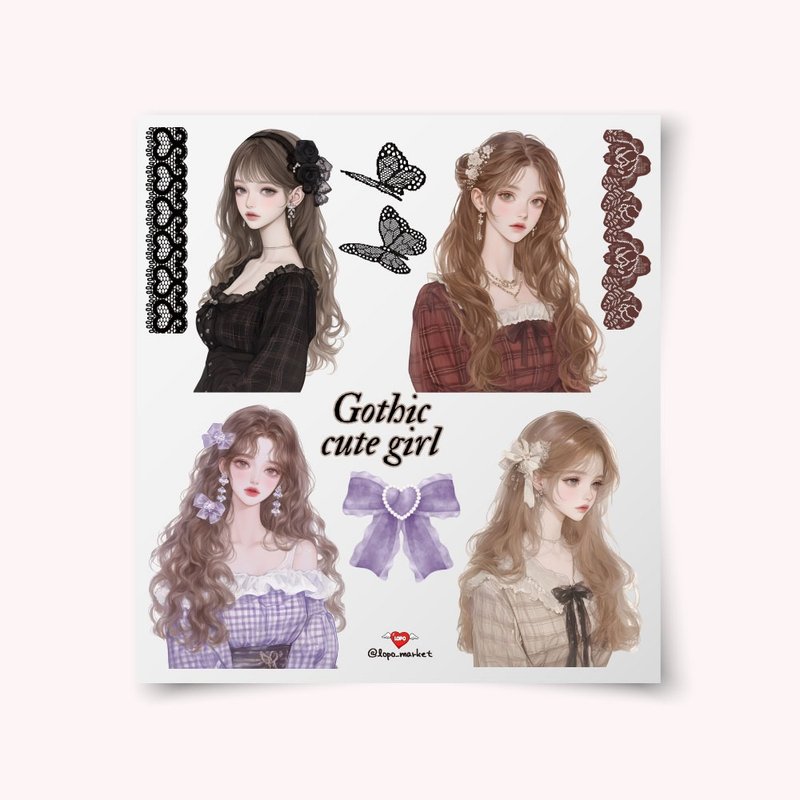 Romantic Ribbon Girl Character Sticker 4-Sheet Set - 貼紙 - 紙 