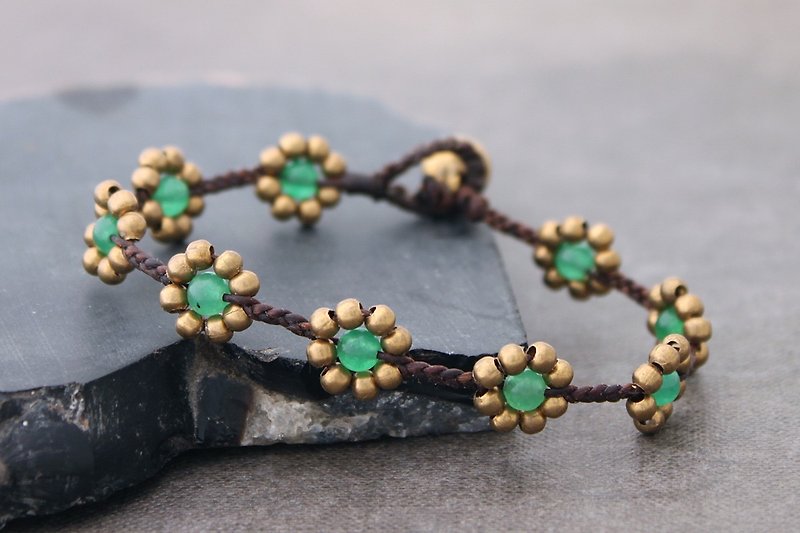 Jade Flower Bracelets Daisy Brass Stone Woven Braided - Bracelets - Stone Green