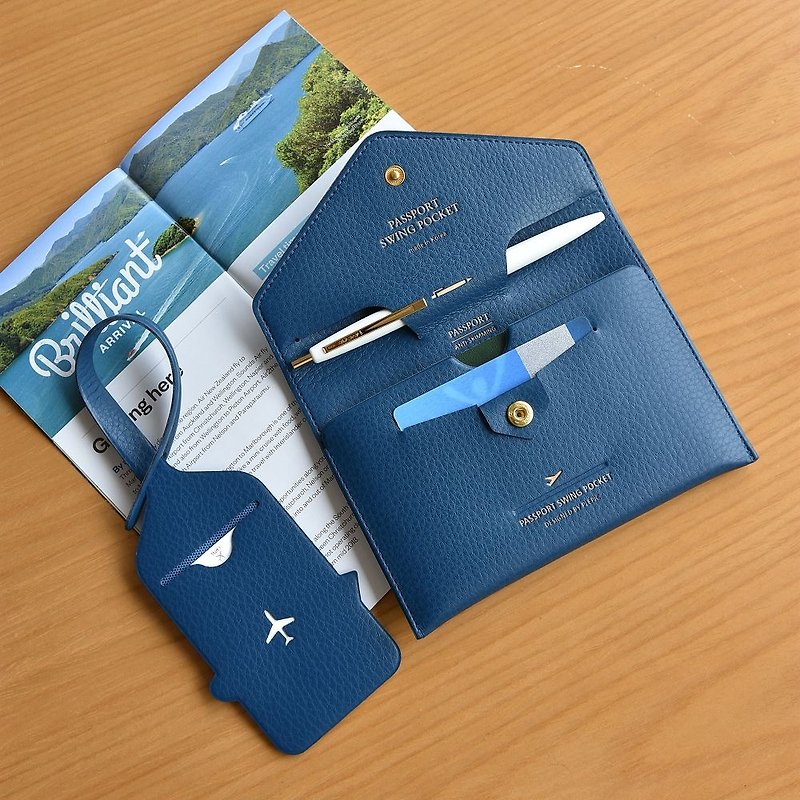 出発革パスポートバッグ-ネイビーブルー、PPC94959 - パスポートケース - 合皮 ブルー