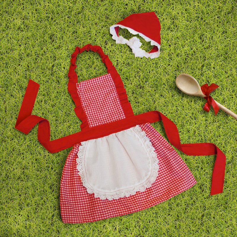 【SiMPLE FUN Hand】 Little Red Riding Hood Apron / Triangle Turban ● Dress Up Home Wine Kitchen Apron Birthday Gift - ผ้ากันเปื้อน - ผ้าฝ้าย/ผ้าลินิน 