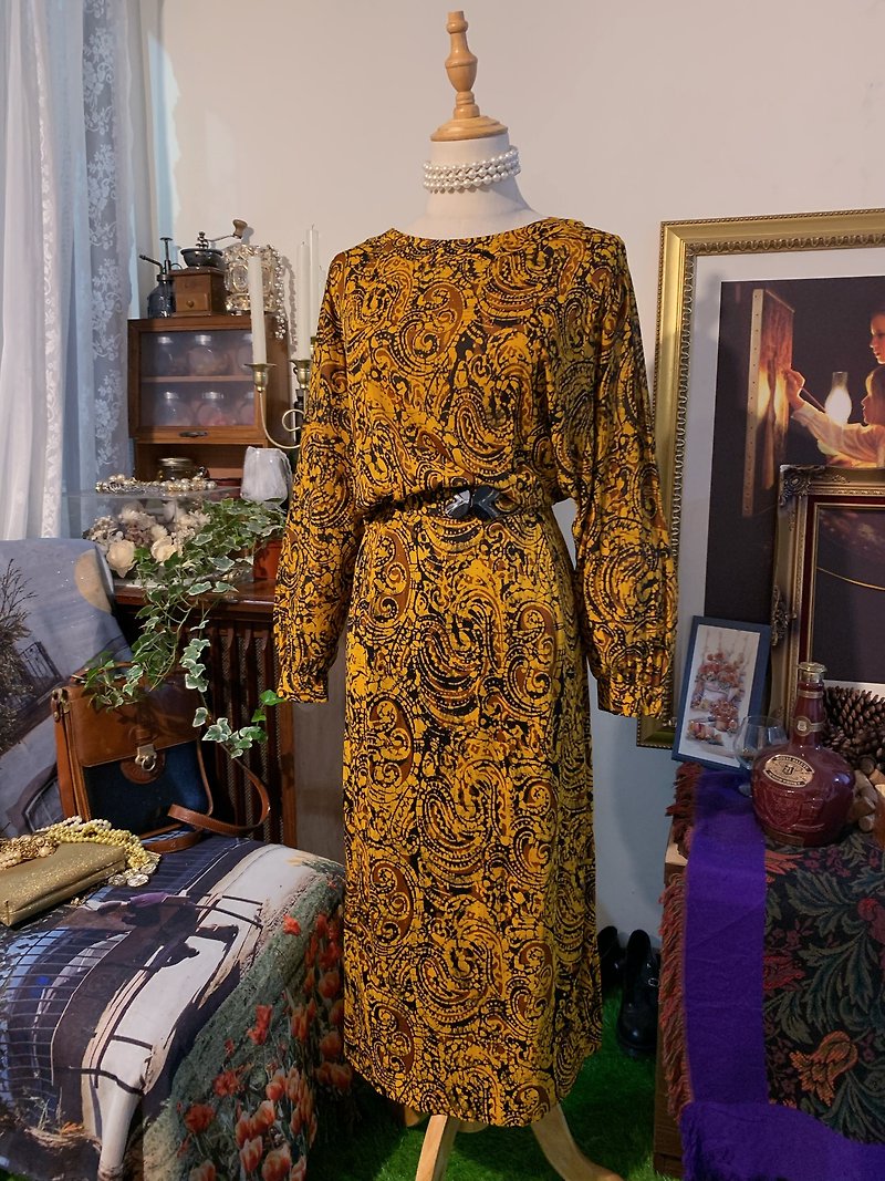 [Friendship Vintage] Brown amoeba print vintage dress with belt - One Piece Dresses - Polyester Multicolor