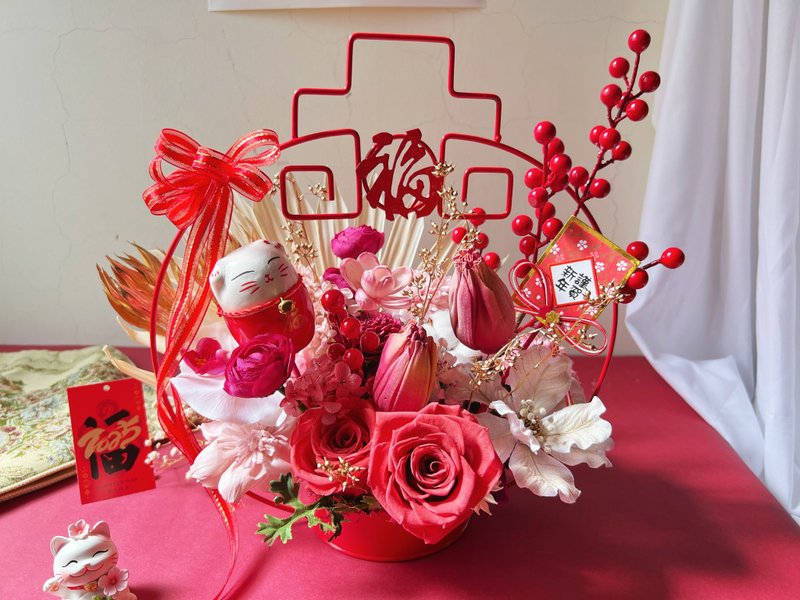 [Spring Festival flower gift] flower-of-life blessing frame wealth and auspicious flower gift iron frame New Year flower gift - ช่อดอกไม้แห้ง - พืช/ดอกไม้ สีแดง