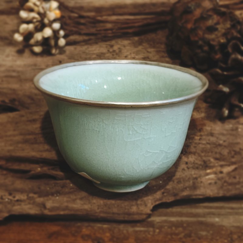 Celadon Silver-rimmed wood-fired covered bowl - Teapots & Teacups - Porcelain Green