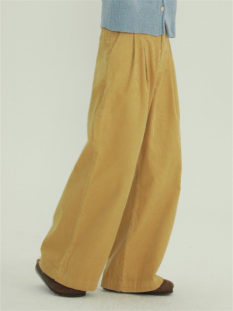 Coffee/apricot white/yellow corduroy wide-leg wide pants high waist slim retro loose comfortable casual trousers - กางเกงขายาว - ผ้าฝ้าย/ผ้าลินิน สีเหลือง