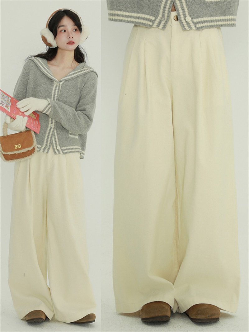 Coffee/apricot white/yellow corduroy wide-leg wide pants high waist slim retro loose comfortable casual trousers - Women's Pants - Cotton & Hemp Yellow