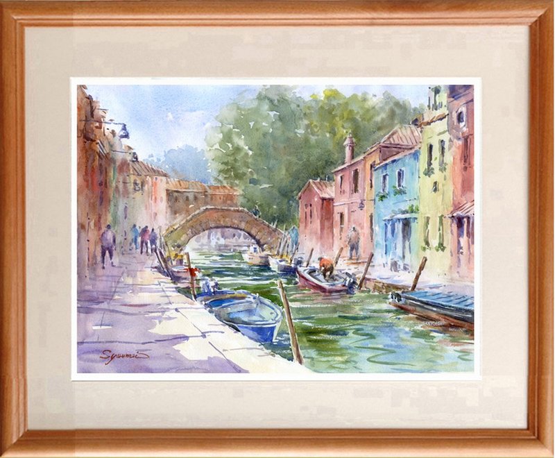 Made to order. Original watercolor painting. Canal of Burano, Italy. - Posters - Paper Brown