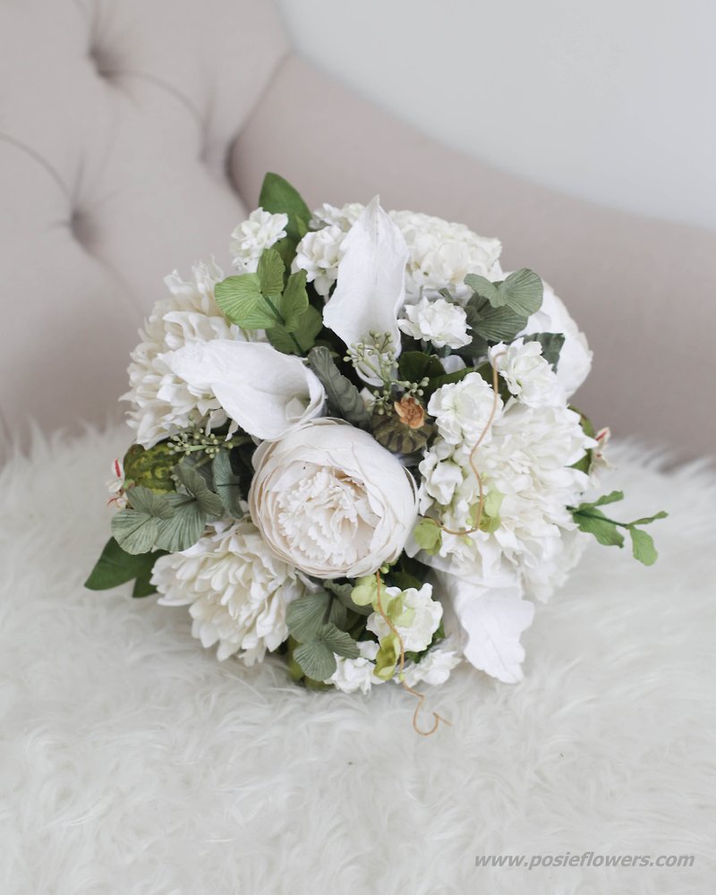 Jasmine Essence - Perfect Love Round Bridal Bouquet - Wood, Bamboo & Paper - Paper White