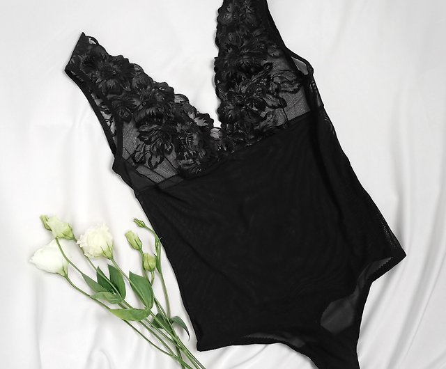 Black Mesh Embroidered Floral Teddy Bodysuit Sexy Body Shaper