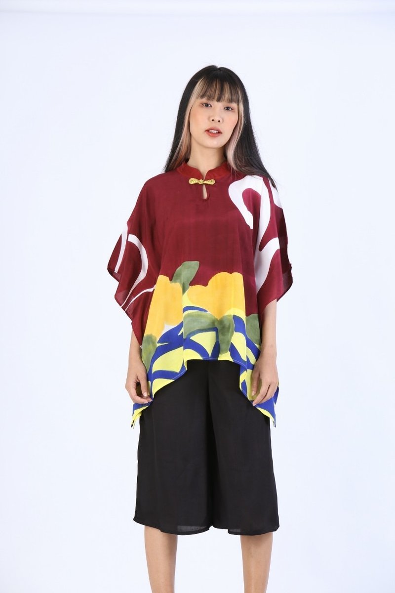 Poncho Blouse Chinese Style Cotton Silk Free size - 女裝上衣 - 棉．麻 紅色