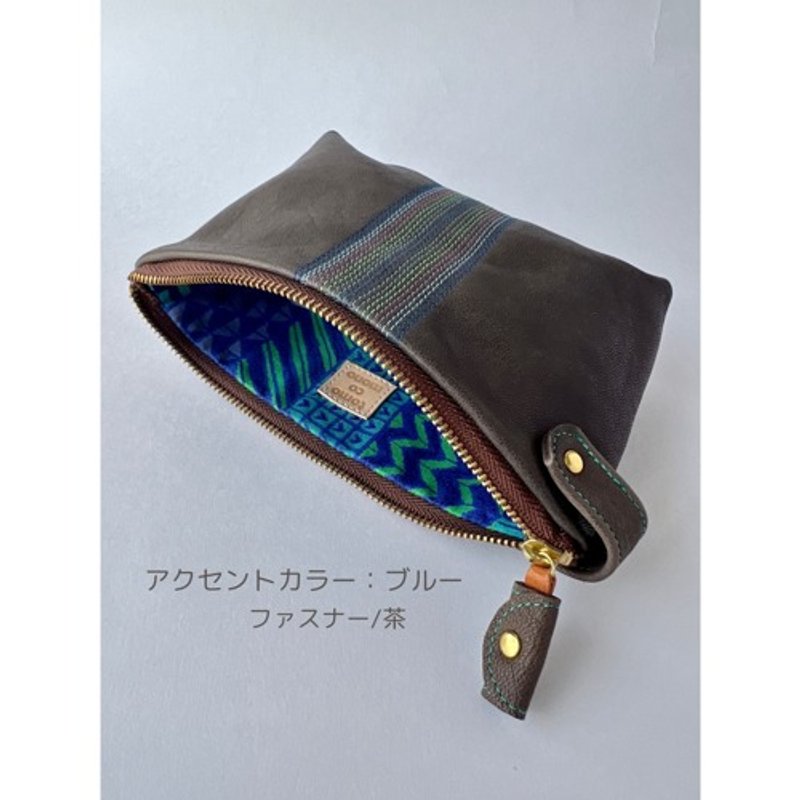 Pinkoi 代購 -  M 號刺繡袋「藍色針跡」木炭 x藍（山羊皮） - 化妝包/收納袋 - 真皮 